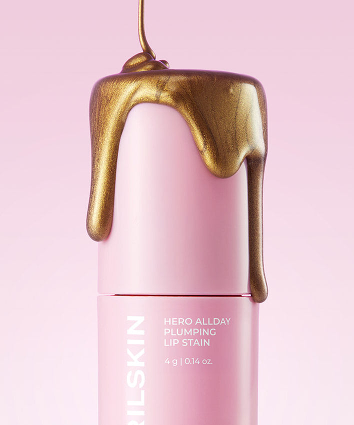APRILSKIN Hero All Day Plumping Tint, flacon rose avec goutte dorée sur fond rose, photo produit marque APRILSKIN