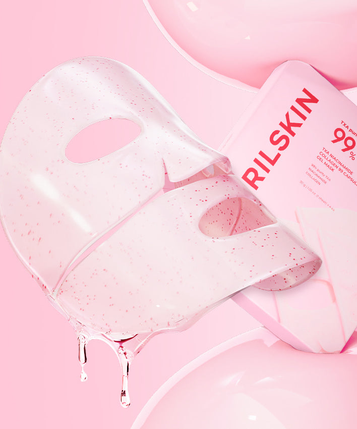 APRILSKIN TXA Niacinamide Collagen 99 Capsule Gel Mask 4 Sheets, marque APRILSKIN, masque en capsule sur fond rose pastel.