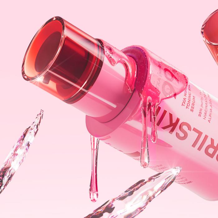 APRILSKIN TXA Niacinamide Toning Shot 99 Serum 30ml, flacon rose gouttes, contexte maquillage/soin beauté, photo produit marque