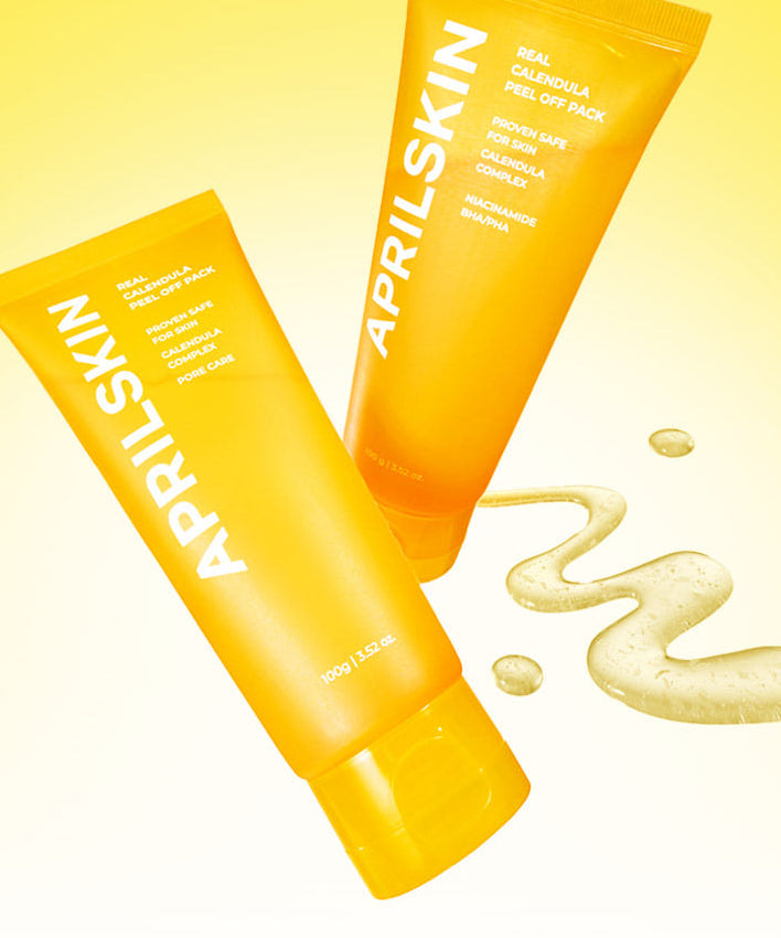 APRILSKIN Calendula Peel Off Pack 100g d’APRIL SKIN, photo produit sur fond jaune avec crème et gouttes