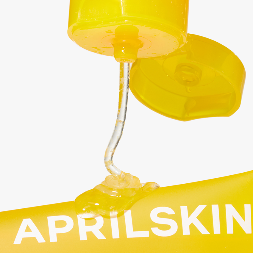 APRILSKIN Calendula Peel Off Pack 100g, produit cosmétique jaune sur flacon, contexte visuel pack peel-off.