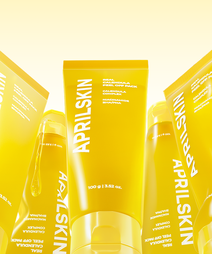 APRILSKIN Calendula Peel Off Pack 100g, pack crème jaune APRIL SKIN sur fond doré, produit en gros plan