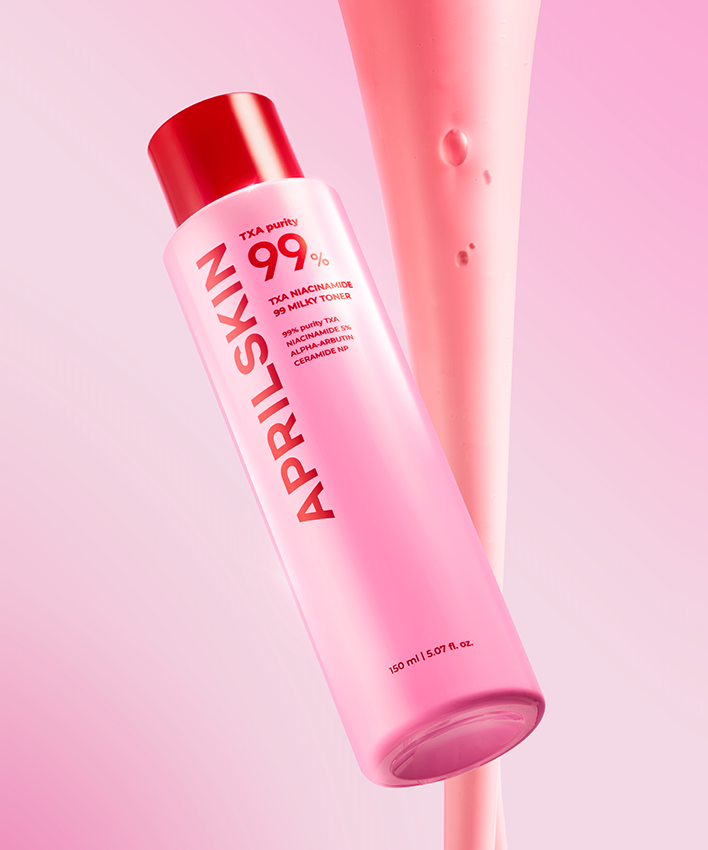 APRILSKIN TXA Niacinamide 99 Milky Toner 150ml sur fond rose, hydratant et éclatant la peau.