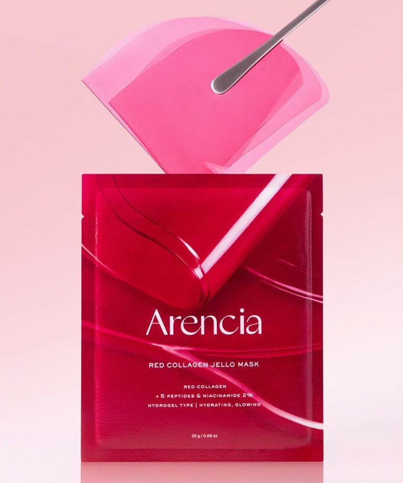 ARENCIA Red Collagen Gel Mask 4 Sheets : masque gel rouge au collagène Arencia, en pack rose, lame/pinceau de pose