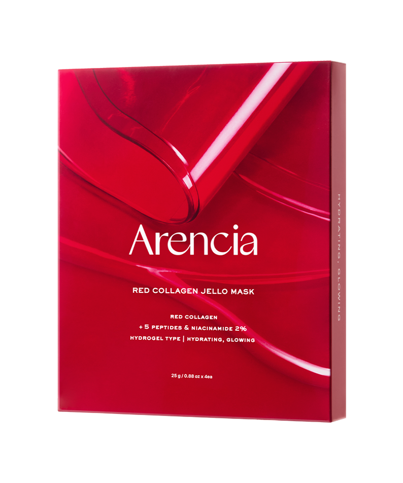 ARENCIA Red Collagen Gel Mask 4 Sheets de la marque Arencia, boîte rouge en gros plan sur fond noir.