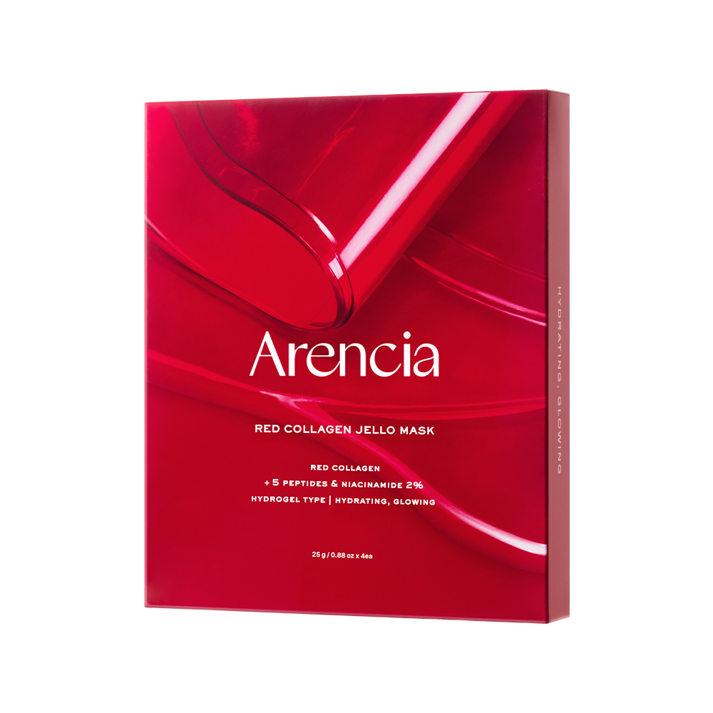 ARENCIA Red Collagen Gel Mask 4 Sheets de la marque Arencia, boîte rouge en gros plan sur fond noir.
