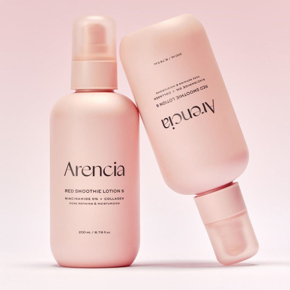 ARENCIA Red Smoothie Lotion 5 200ml, marque Arencia, flacon et tube rose sur fond pastel.