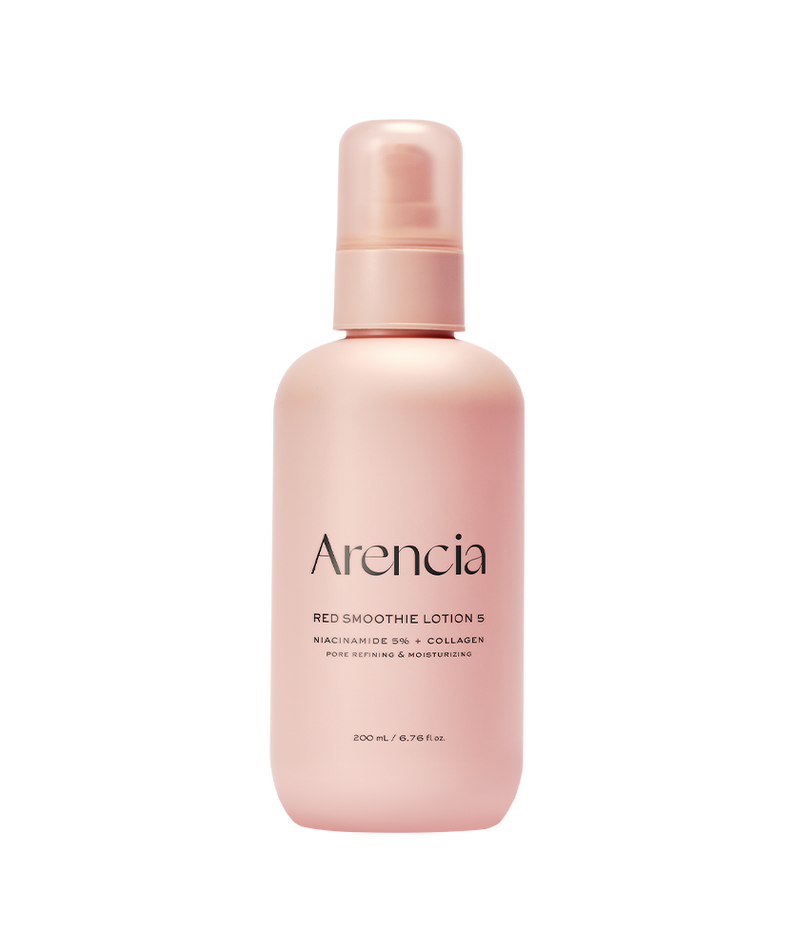 ARENCIA Red Smoothie Lotion 5 200ml, flacon cosmétique rose sur fond blanc, marque ARENCIA, lotion pour le corps.