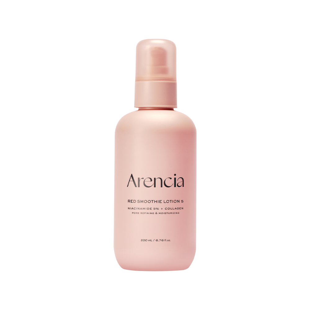ARENCIA Red Smoothie Lotion 5 200ml, flacon cosmétique rose sur fond blanc, marque ARENCIA, lotion pour le corps.