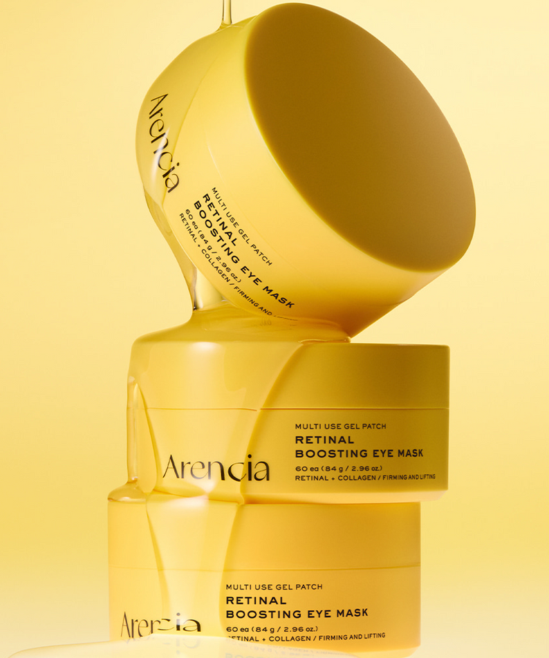 ARENCIA Retin-A Boosting Eye Mask 60ea, masques patch yeux de la marque Arencia, packaging jaune sur fond dégradé.