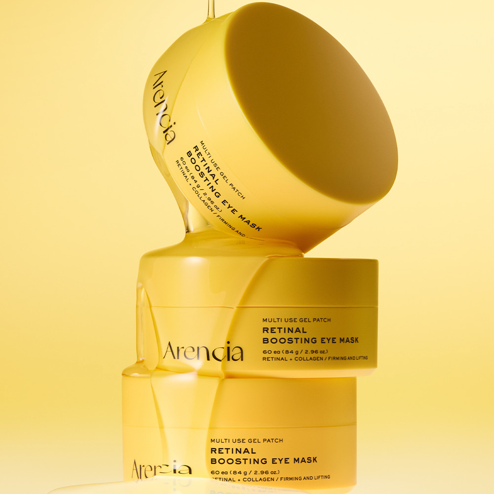 ARENCIA Retin-A Boosting Eye Mask 60ea, masques patch yeux de la marque Arencia, packaging jaune sur fond dégradé.