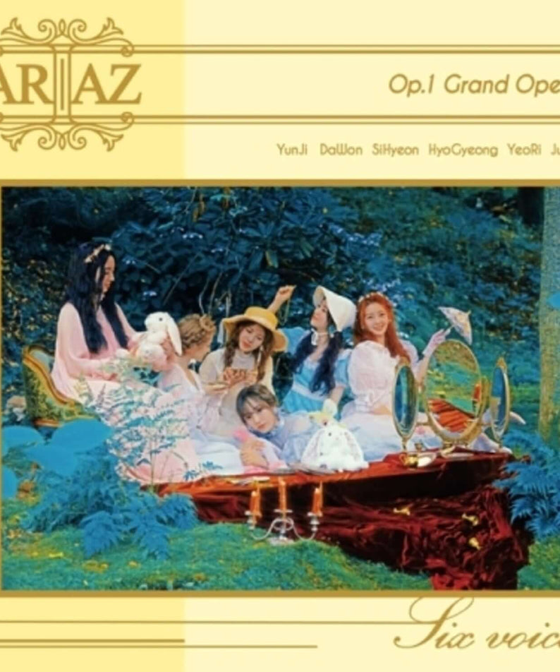 ARIAZ - GRAND OPERA (1ST ) - Album Kpop : pochette visuelle Op.1 Grand Opera, groupe ARIAZ en scène, couleurs pastel.