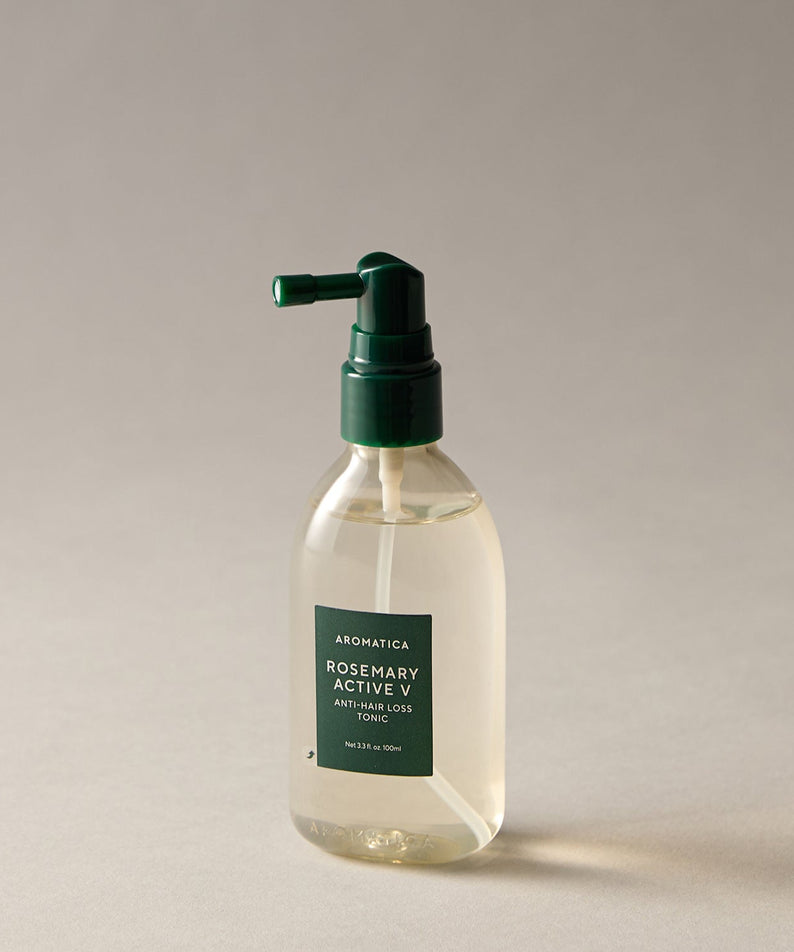 AROMATICA Rosemary Active V Anti-Hair Loss Tonic 100ML, flacon vert sur fond clair, marque AROMATICA, photo produit