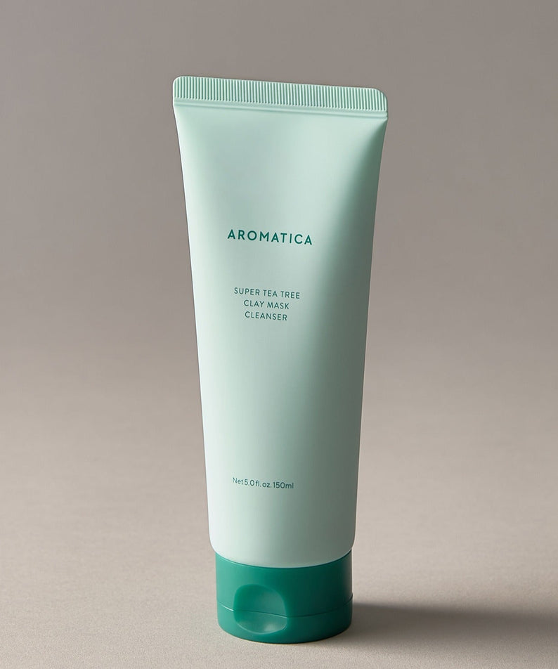 AROMATICA Super Tea Tree Clay Mask Cleanser 150ML, tube vert sur fond clair, soin visage à l’argile et tea tree