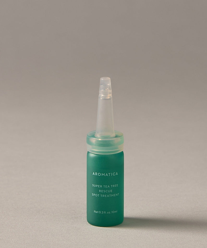 AROMATICA Super Tea Tree Rescue Spot Treatment 10ML de la marque AROMATICA, flacon sur fond clair, contexte skincare