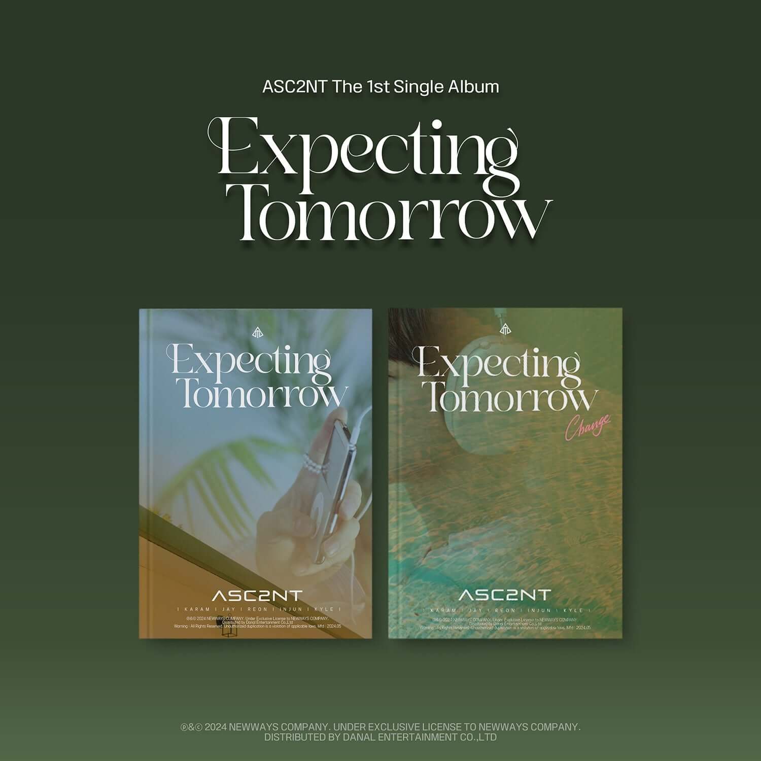 ASC2NT - 1st Single Album (Signal VER. / Change VER) (Set) - Album Kpop, coffrets vert avec deux livrets “Expecting Tomorrow”.