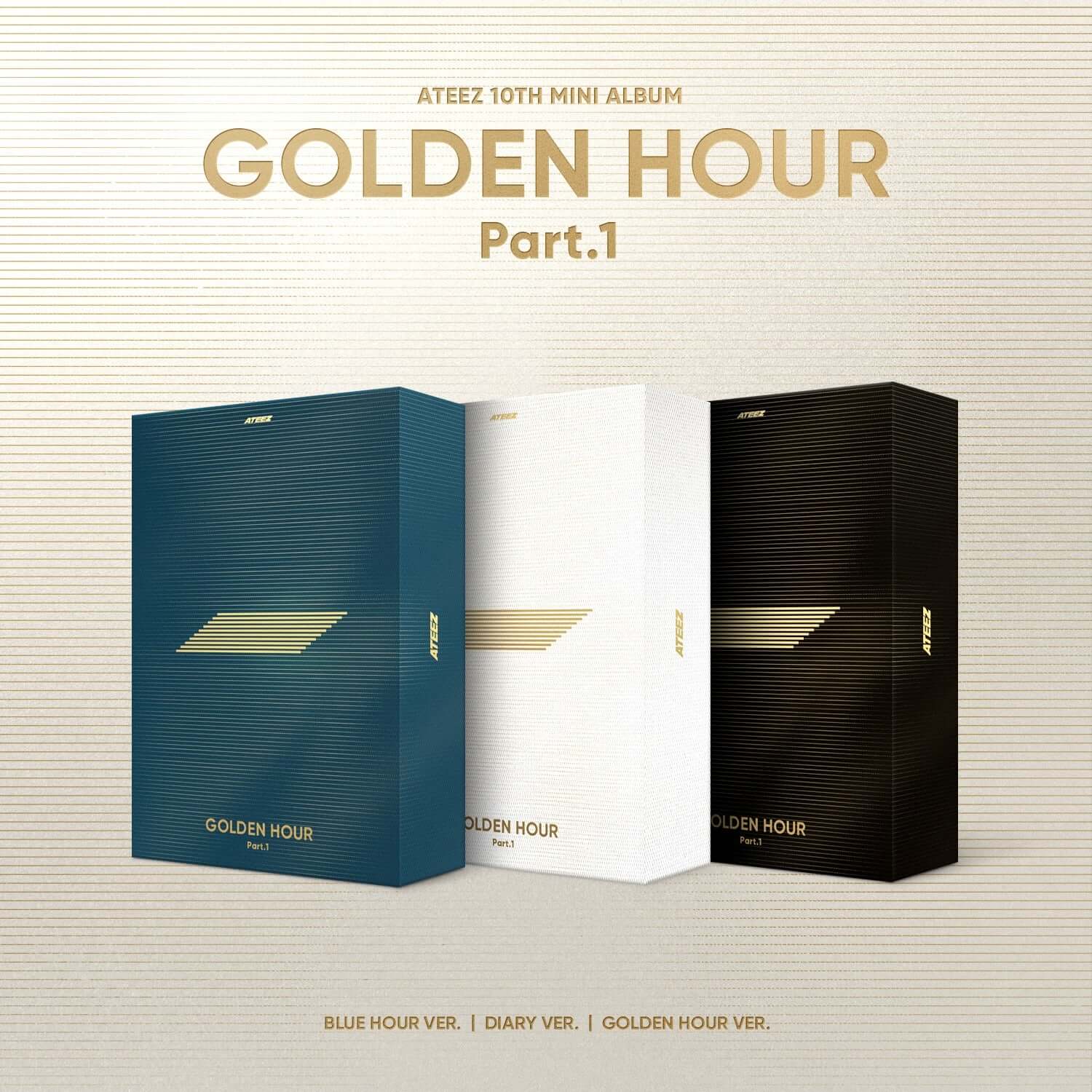 ATEEZ - 10th Album [GOLDEN HOUR : Part.1] (Set of 3) - Album Kpop, coffret de 3 versions sur fond rayé.