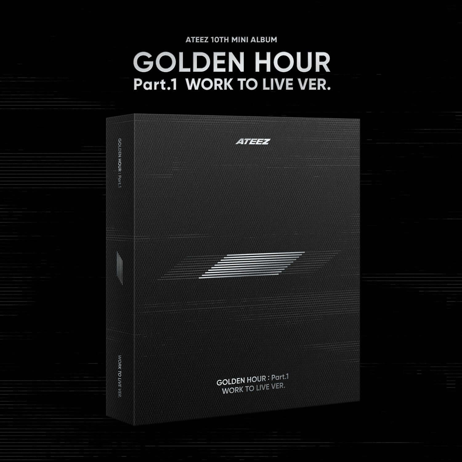 ATEEZ - 10th Album [GOLDEN HOUR : Part.1 ‘WORK TO LIVE VER.’] - Album Kpop, boîtier noir, visuel moderne en studio.
