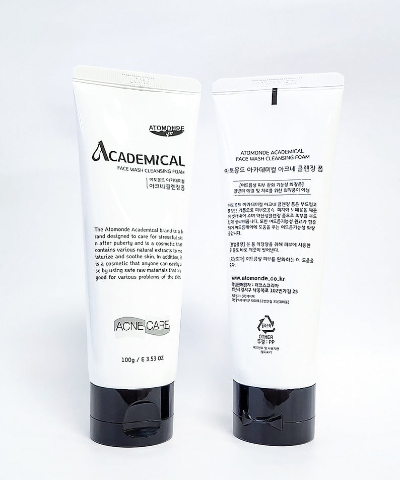 ATOMANDE Academic Face Wash Cleansing Foam 100g, tube de mousse nettoyante sur fond blanc (marque ATOMANDE).