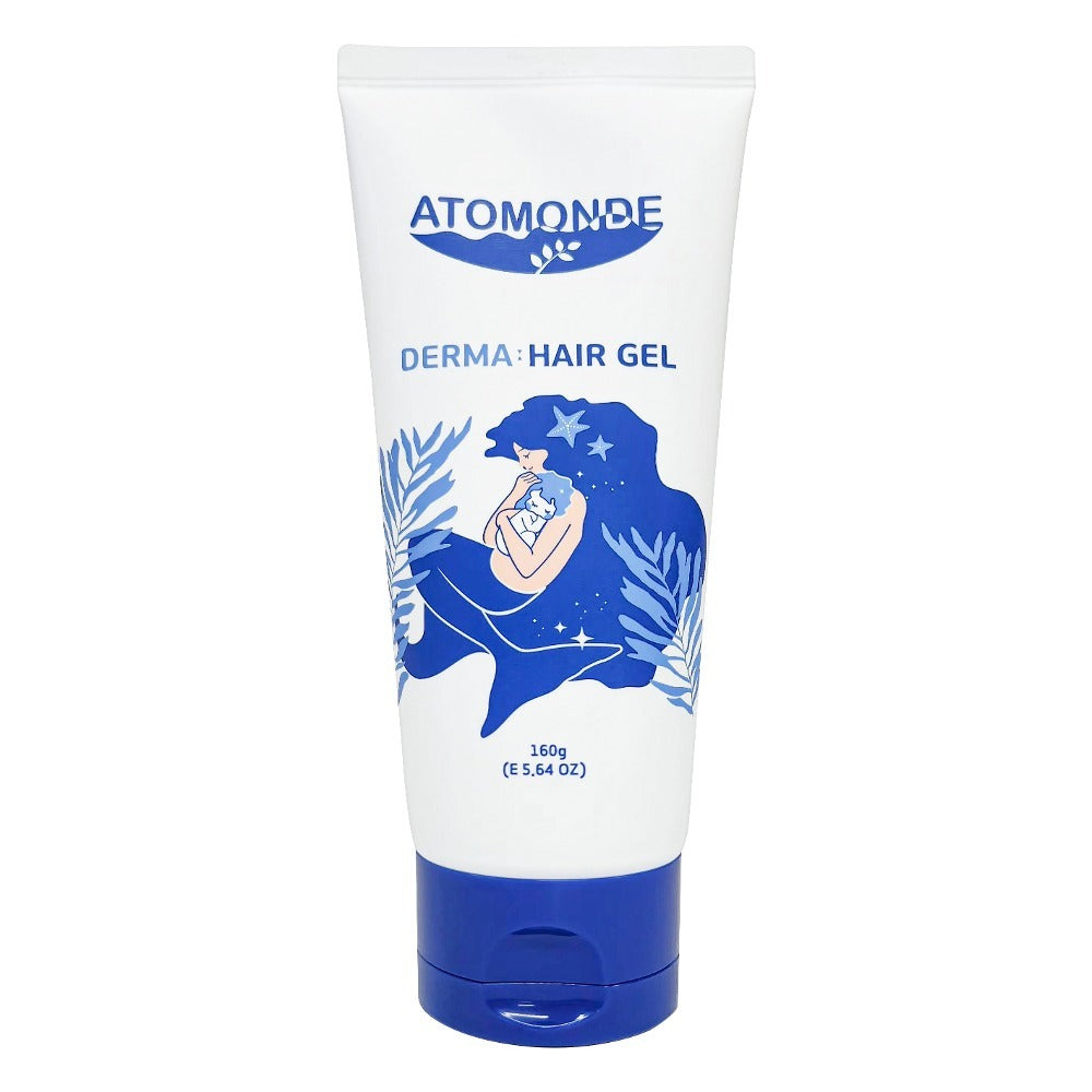 ATOMANDE Derma Hair Gel 160g : tube crème blanc et bleu, marque ATOMANDE, produit coiffant sur fond clair