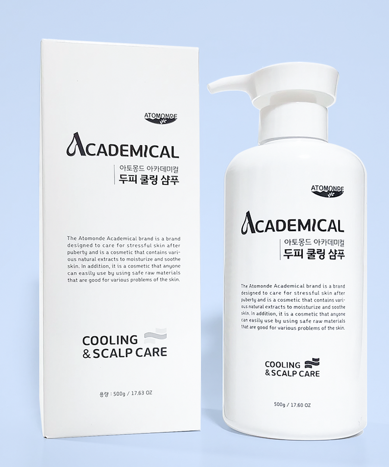 ATOMANDE Academic Scalp Cooling Shampoo 500ml, bouteille de shampoing et emballage blanc pour soin du cuir chevelu.