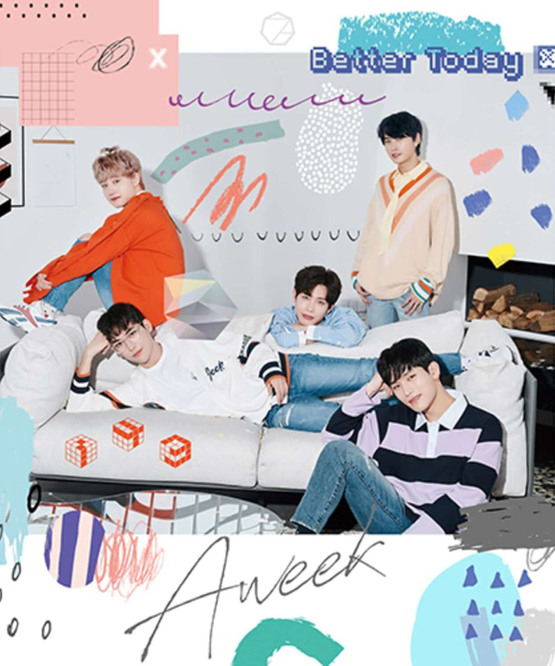 AWEEK - [BETTER TODAY] - Album Kpop : photo des membres sur pochette colorée, style pop, texte Better Today