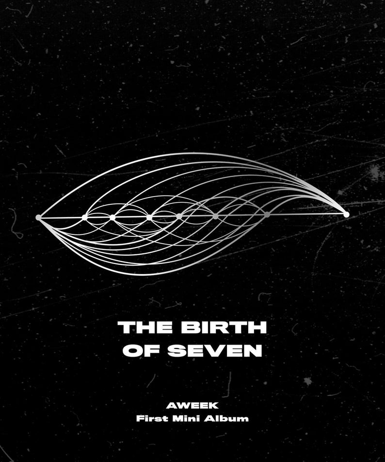 AWEEK - THE BIRTH OF SEVEN (1ST ) - Album Kpop : cover noire avec logo filaments et texte THE BIRTH OF SEVEN