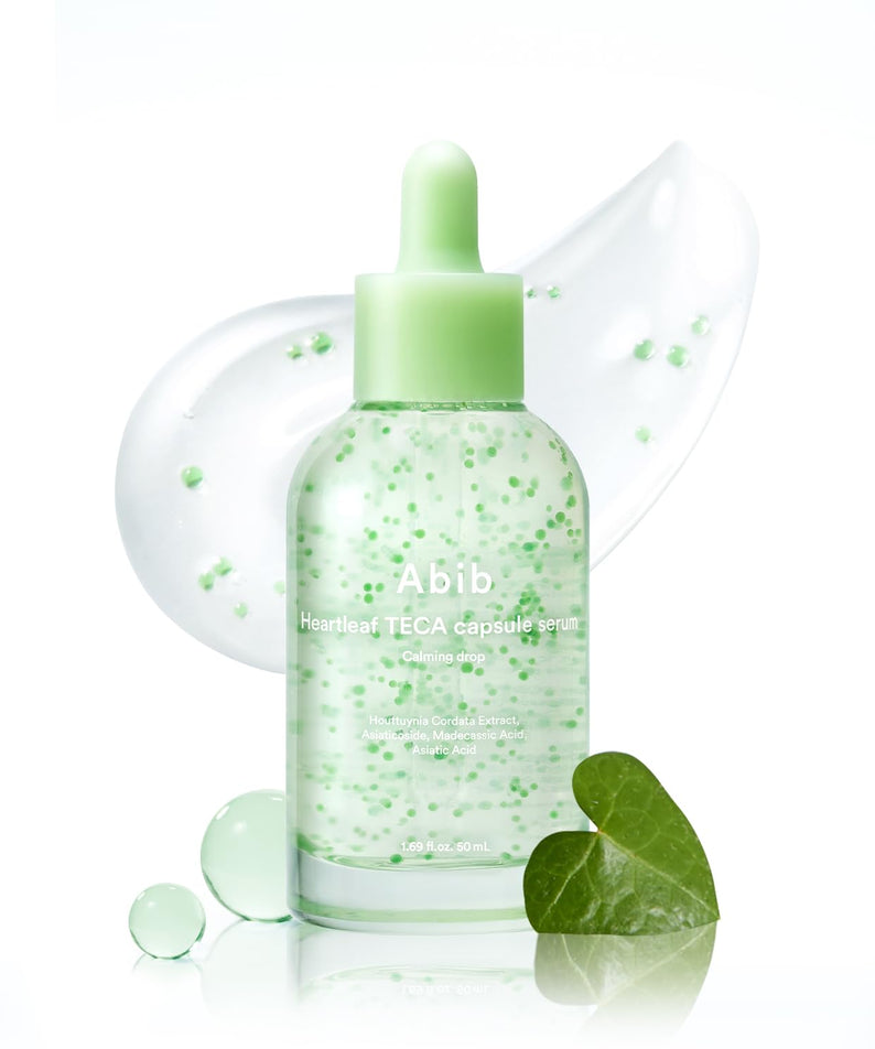 Image du sérum ABIB Heartleaf TECA Capsule Serum Calming Drop 50ml avec fond transparent et design apaisant en gouttes et feuille.