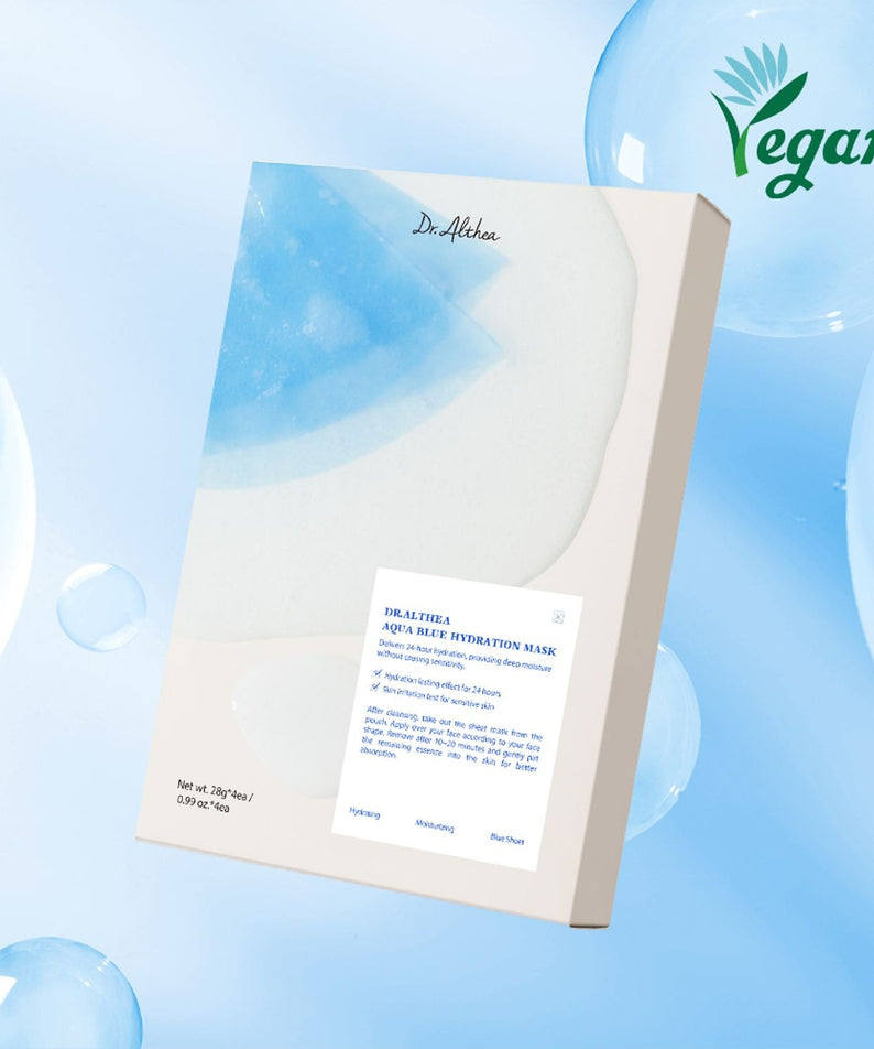 Emballage du DR.ALTHEA Aqua Blue Hydrating Mask (4ea) sur fond bleu avec label vegan.