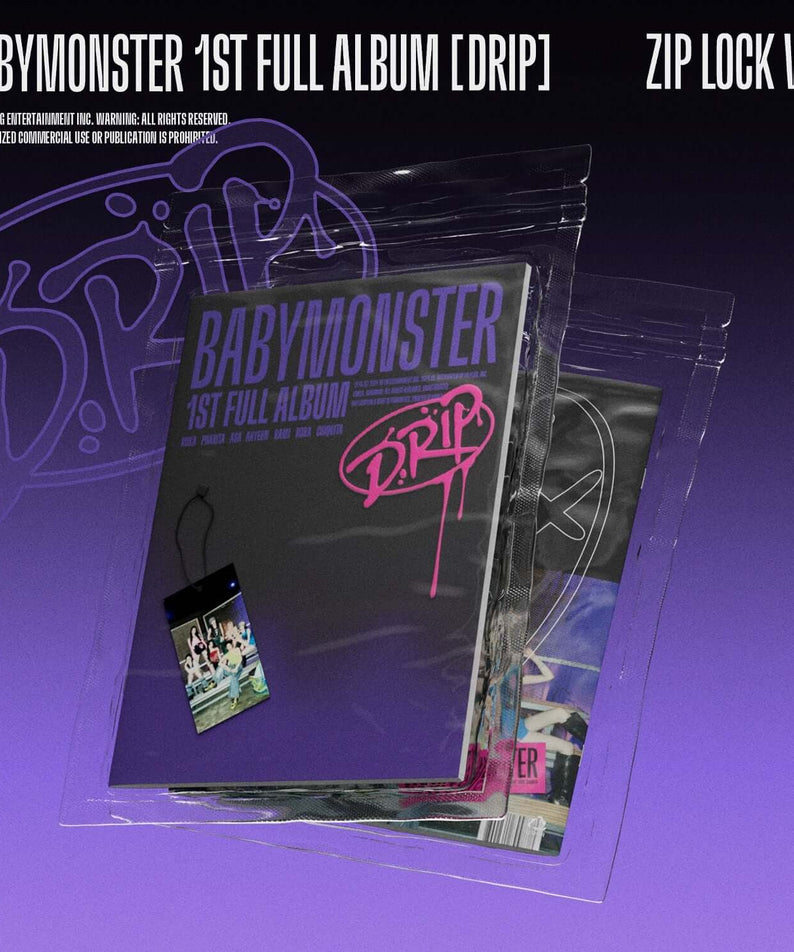 BABYMONSTER - 1st FULL ALBUM [DRIP] (ZIP LOCK Ver.) - Album Kpop, pochettes transparentes avec branding violet et bleu.