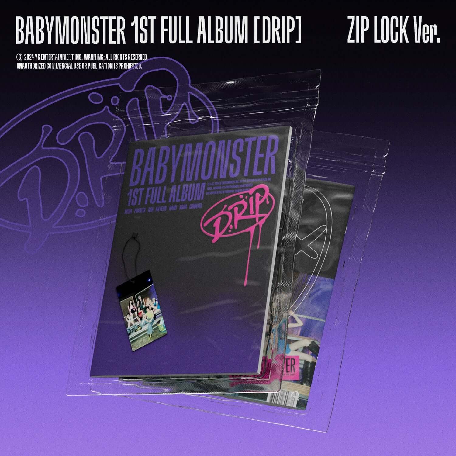 BABYMONSTER - 1st FULL ALBUM [DRIP] (ZIP LOCK Ver.) - Album Kpop, pochettes transparentes avec branding violet et bleu.