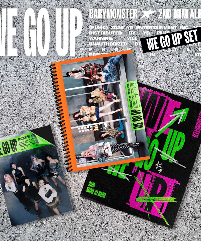 BABYMONSTER - 2nd MINI ALBUM [WE GO UP] SET - Album Kpop, set de mini-albums sur fond texturé gris, visuels We Go Up.