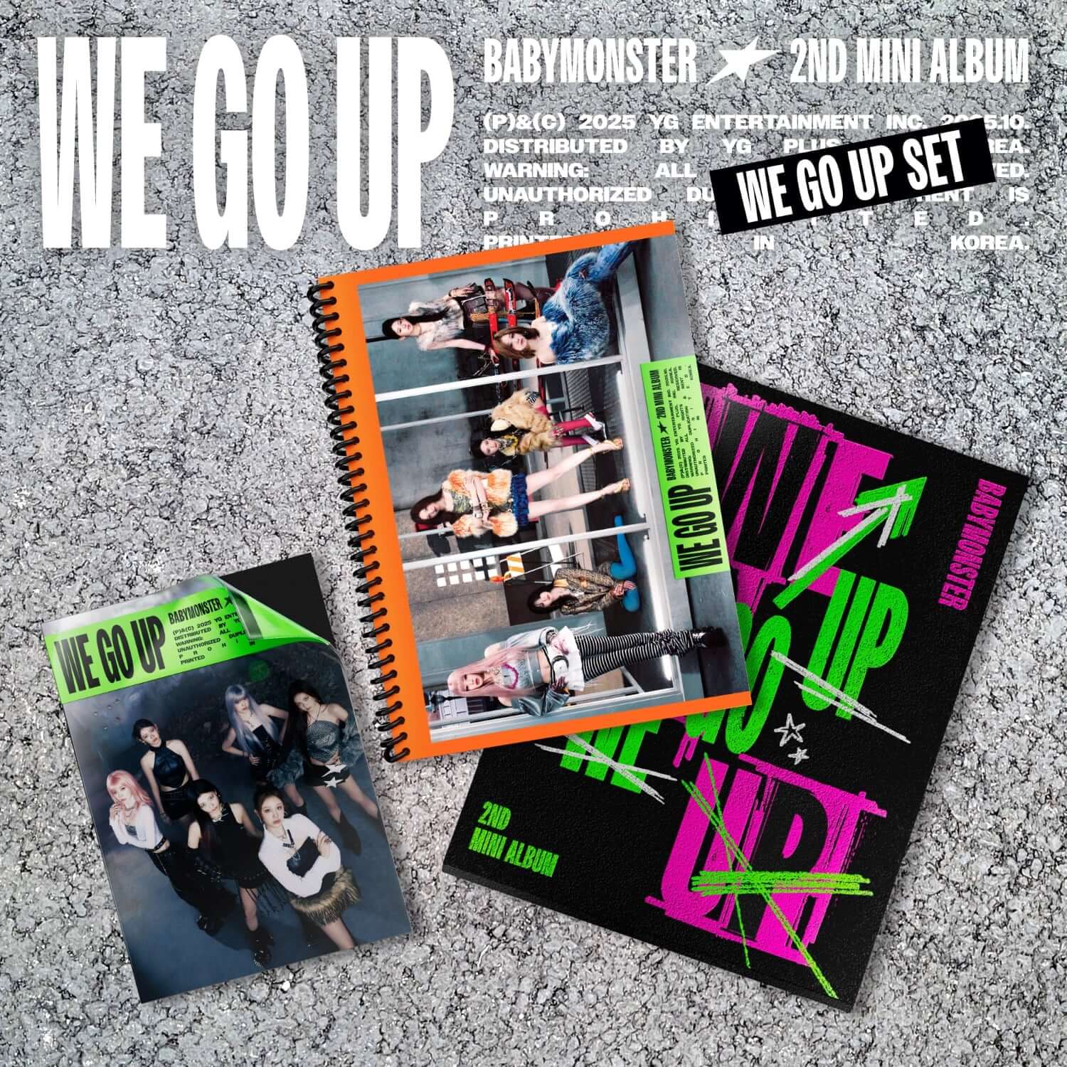 BABYMONSTER - 2nd MINI ALBUM [WE GO UP] SET - Album Kpop, set de mini-albums sur fond texturé gris, visuels We Go Up.