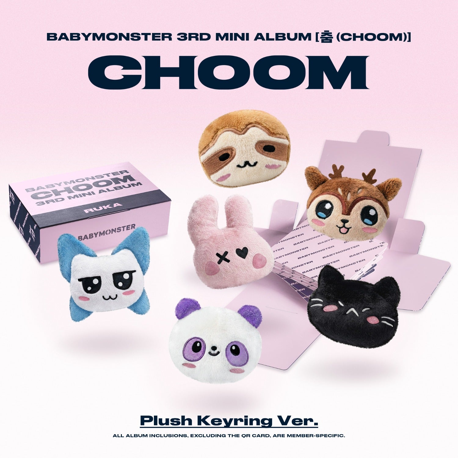 BABYMONSTER - 3rd MINI ALBUM [CHOOM] Plush Keyring Ver._AHYEON - Album Kpop, keyrings peluche sur fond rose, coffret CHOOM