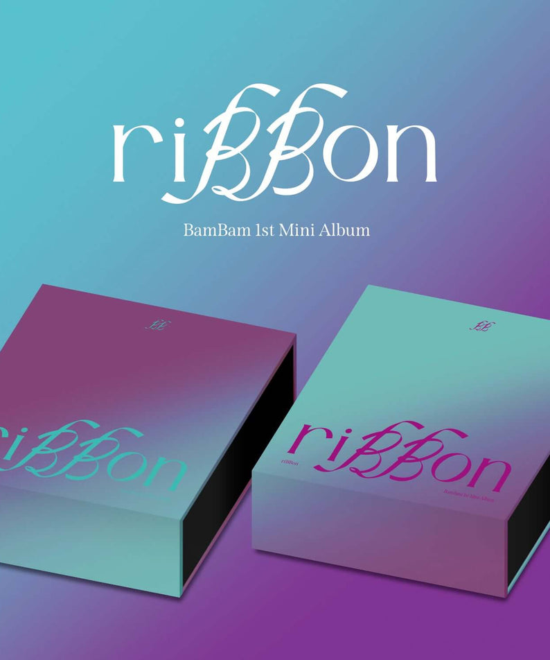 BAMBAM - 1ST MINI ALBUM (riBBon + Pandora Ver.) - Album Kpop, packaging violet/bleu sur fond dégradé.