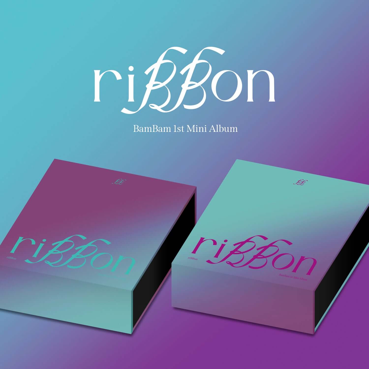 BAMBAM - 1ST MINI ALBUM (riBBon + Pandora Ver.) - Album Kpop, packaging violet/bleu sur fond dégradé.