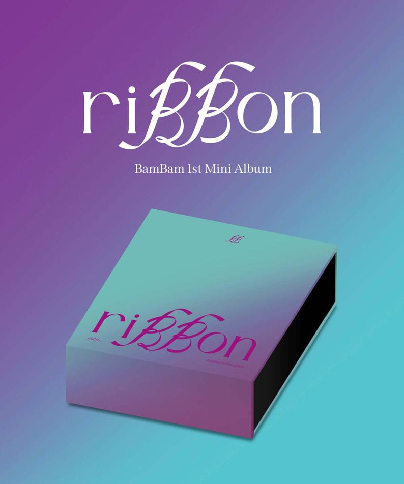 BAMBAM - 1st Mini Album [riBBon] (riBBon Ver.) - Album Kpop, pochette riBBon mauve/bleu sur fond dégradé