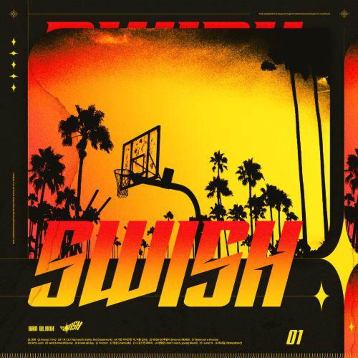 BAN BLANK - (BAN BLANK) - Album Kpop : pochette avec palmiers, style néon orange/rouge, fanion noir, marque BAN BLANK