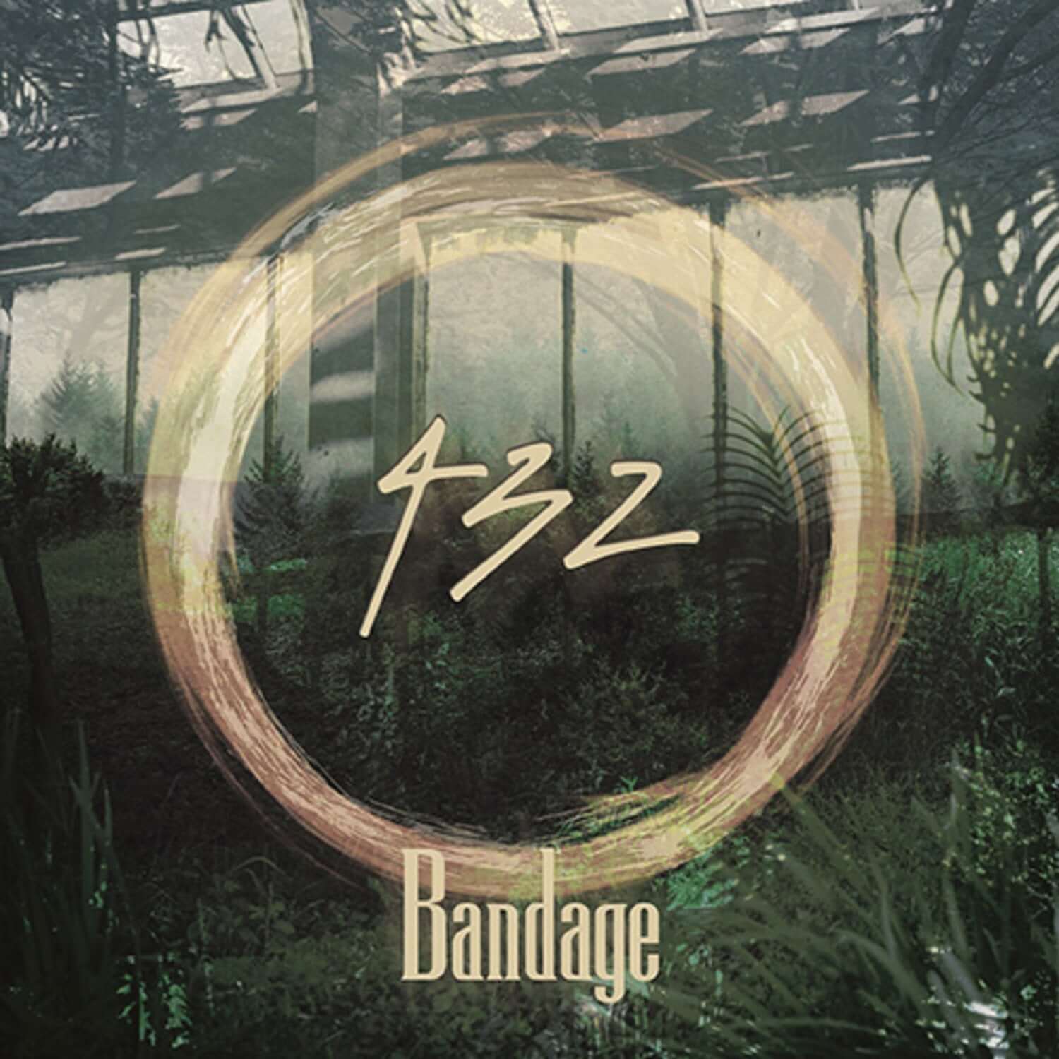 BANDAGE - [432] - Album Kpop : cover Bandage, forêt brumeuse, cerceau lumineux et graffiti au centre.