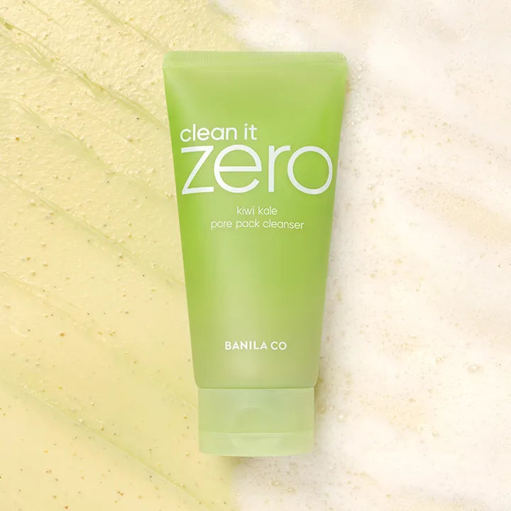 BANILA CO CLean It Zero Kiwi Pore Pack Cleanser 180g, tube vert sur fond crème, produit nettoyant pour la marque Banila Co