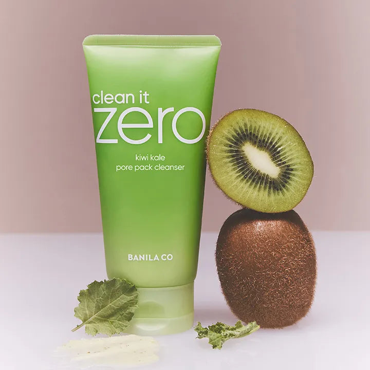 BANILA CO CLean It Zero Kiwi Pore Pack Cleanser 180g, produit Clean It Zero kiwi sur fond pastel avec kiwi, brandy Banila Co