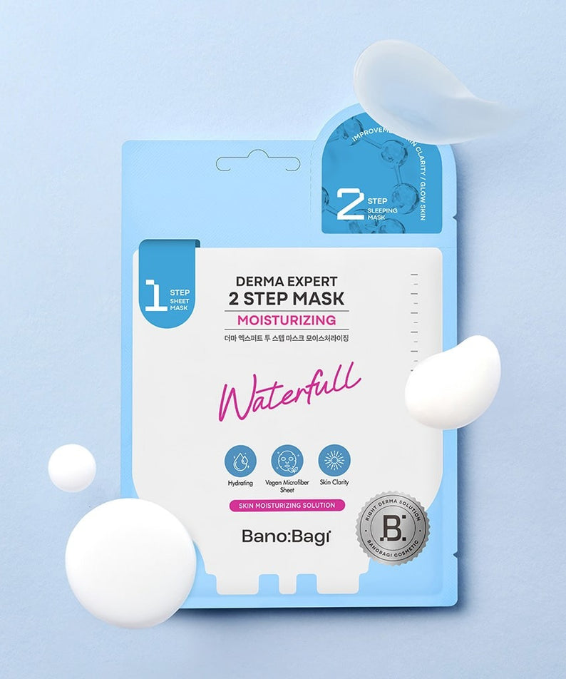 BANOBAGI Derma Expert 2 Step Mask Moiturizing : masque 2 étapes hydratant sur fond bleu, packaging Bano:Bagi