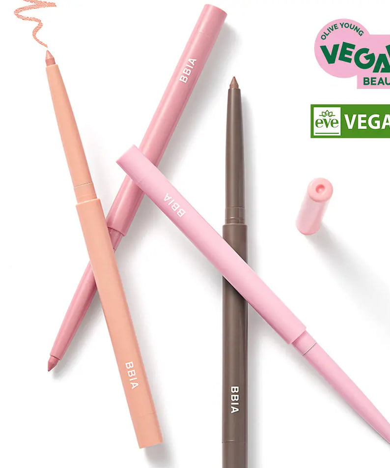 BBIA  Last Auto Gel Eyeliner 26 colors : crayons gel auto BBIA sur fond blanc, dégradés de teintes, look maquillage vegan