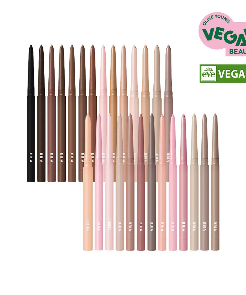 BBIA  Last Auto Gel Eyeliner 26 colors : gamme de crayons eye-liner vegan, packaging aligné sur fond blanc.