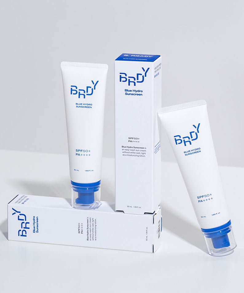BE.READY Blue Moisture Sun Cream SPF50+/PA++++ 50ml, crème solaire protectrice, hydratante, SPF50+, emballage bleu et blanc.