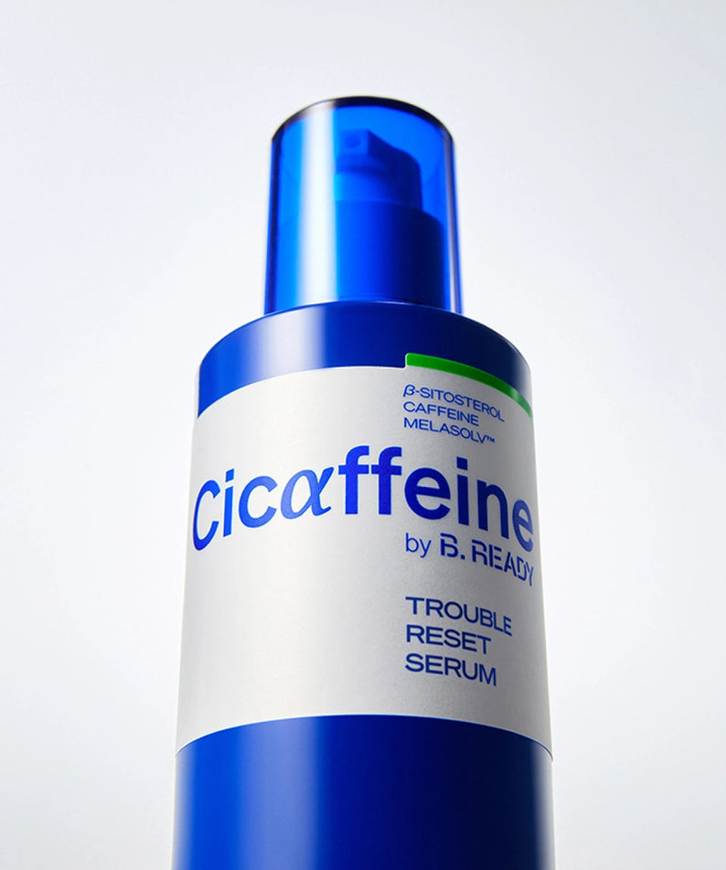 BE.READY Cicaffeine Trouble Set Serum 40ml, sérum soin visage en flacon bleu, soin peau pour imperfections et hydratation.