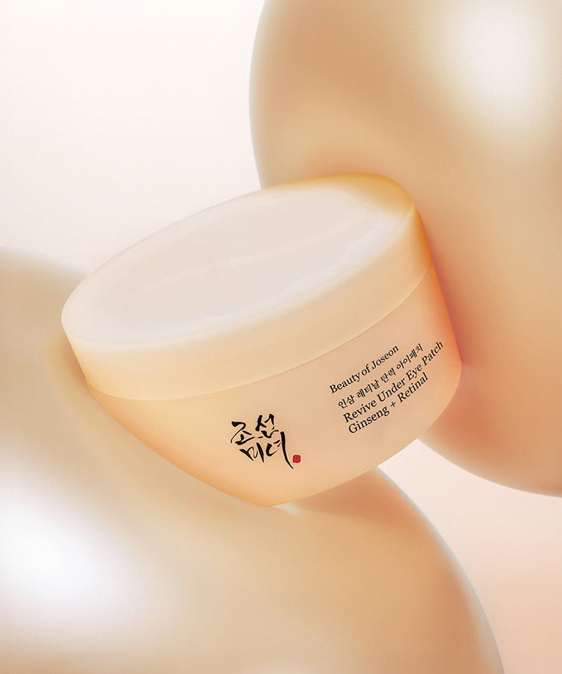 BEAUTY OF JOSEON Ginseng Retinal Elasticity Eye Patch 60 Sheets : patch œil ginseng, posé en gros plan, ambiance spa.