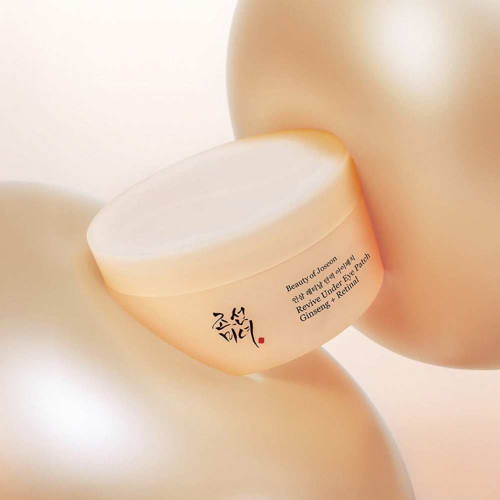 BEAUTY OF JOSEON Ginseng Retinal Elasticity Eye Patch 60 Sheets : patch œil ginseng, posé en gros plan, ambiance spa.