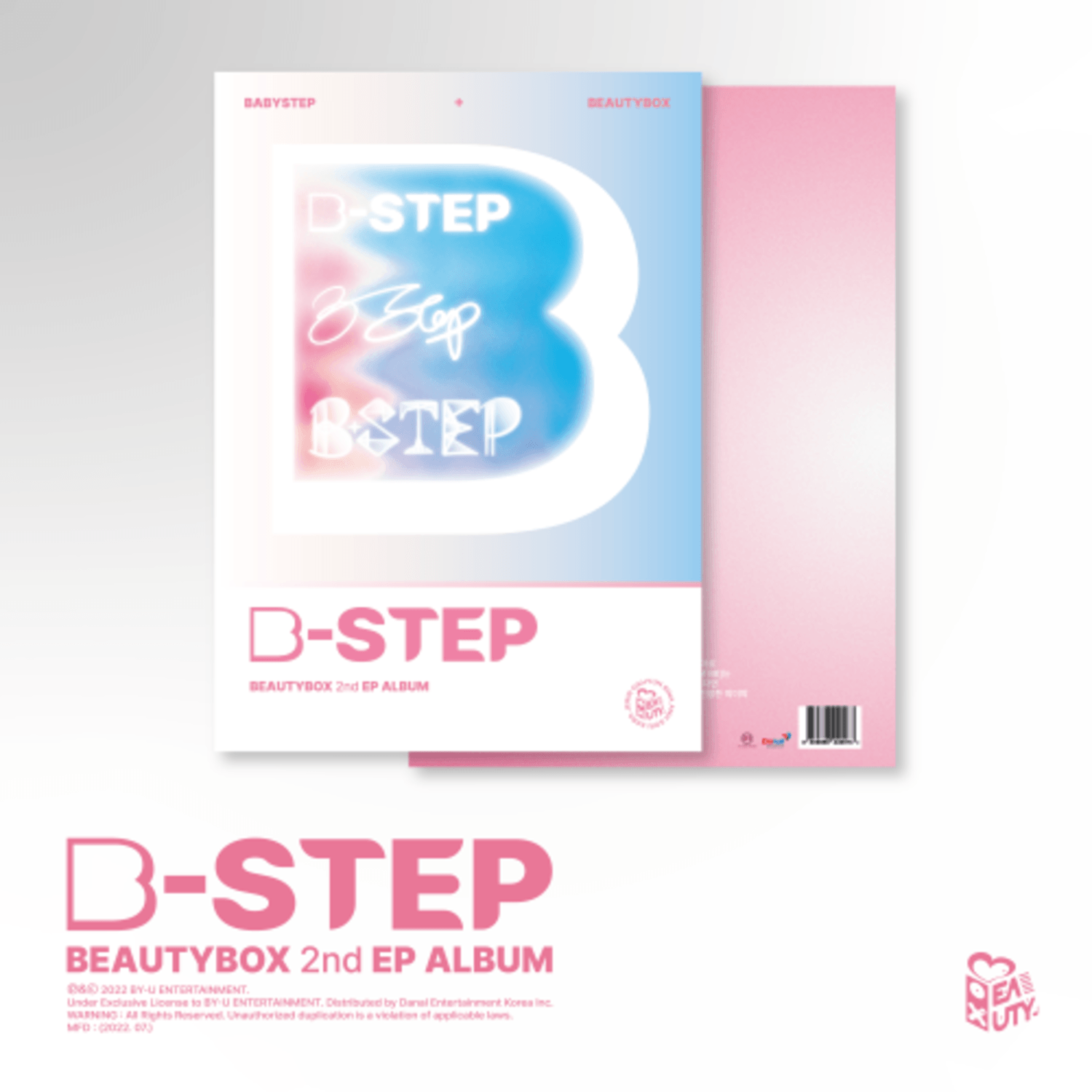 BEAUTYBOX - 2ND EP [B-STEP] - Album Kpop : pochette rose/bleue du CD, visuel studio sur fond clair.