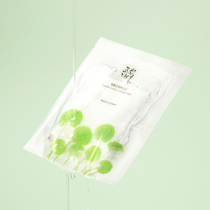 BEAUTY OF JOSEON Centella Asiatica Calming Mask : masque apaisant à la centella, marque sur emballage blanc vert pastel